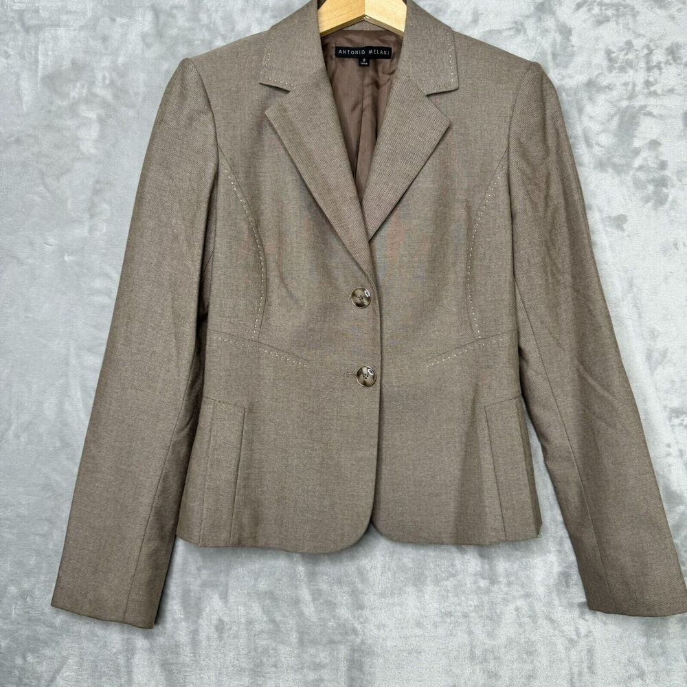 Antonio Melani Blazer Womens 2 Tan Twill Embroidered Stitch Pleated Front Career